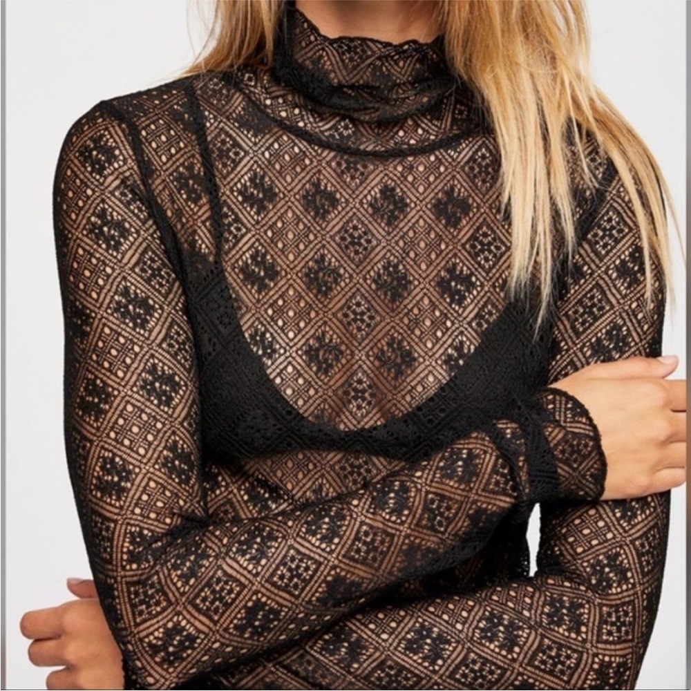 Intimately Free People Lace Mesh Mock Neck Top in GREY
